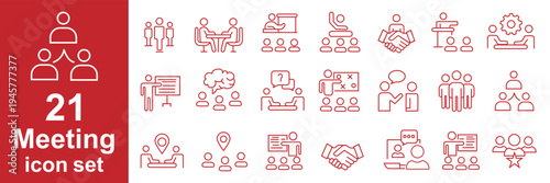 Meeting thin line icons set. Business meeting, seminar, conference, interview icon. Editable stroke. Vector