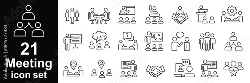 Meeting thin line icons set. Business meeting, seminar, conference, interview icon. Editable stroke. Vector