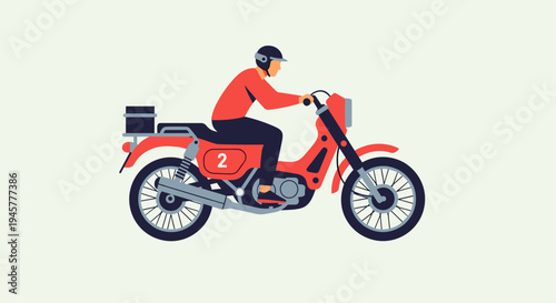 Man in red jacket rides a red vintage moped with a box on beige.