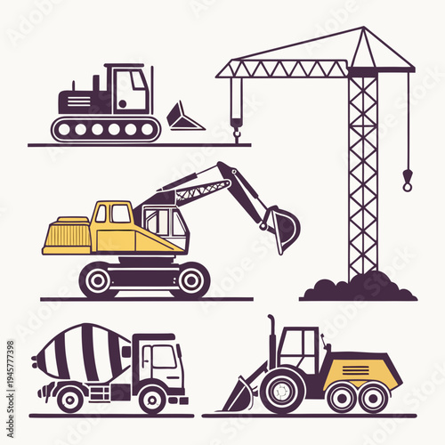Construction vehicles crane excavator concrete mixer truck icons
