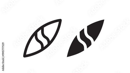 Surfboard icon with wavy lines, shown in both outline and solid black for versatile design applications