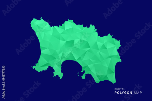 Jersey Map - low poly polygon vector, geometric triangulated silhouette in green and blue tones, clean modern style, isolated background for infographic use.