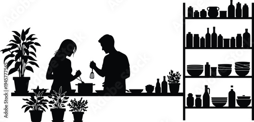 Couple cooking together in kitchen silhouettes, man and woman preparing food with utensils and plants, modern home cooking scene isolated on white background