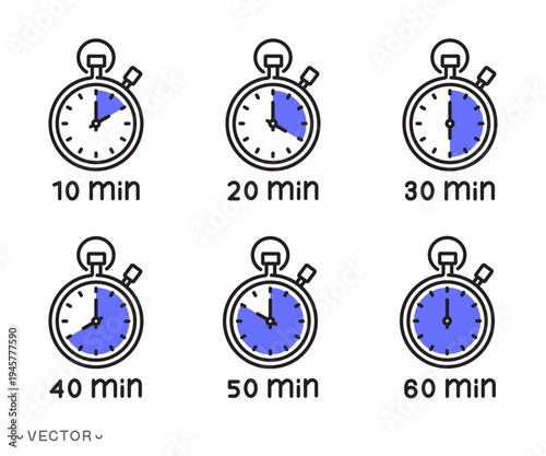 stopwatch line icon collection, time limit clock, ten minute until 60 minute interval concept, countdown timer, duration for cooking, editable stroke eps 10 vector illustration