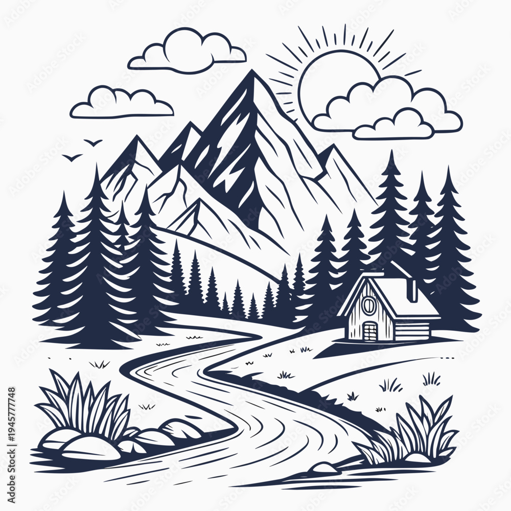 Fototapeta premium Rustic cabin in mountains with river and sun rays with black and white