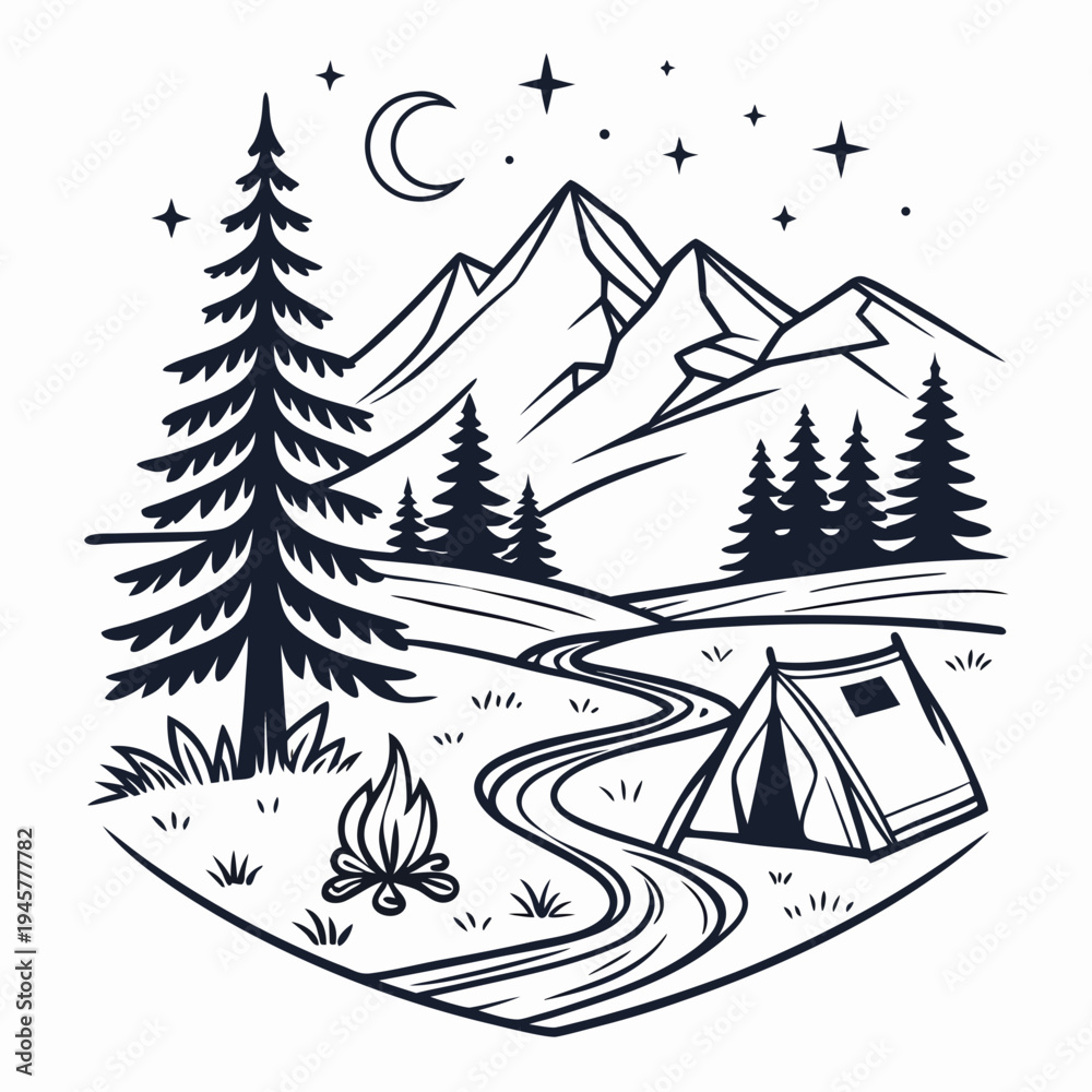 Fototapeta premium Night camping scene with tent, campfire, and stars, black and white