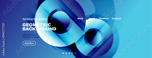 Abstract website design features flowing blue shapes, text, navigation menu. Modern aesthetic, clean layout, vibrant colors present.