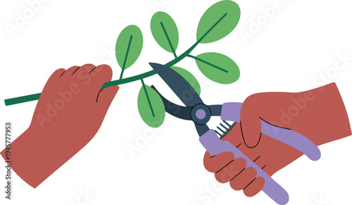 Minimalist illustration of hands pruning green leafy branch with purple-handled pruning shears in clean flat design against white background
