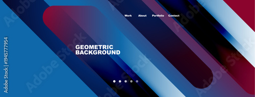 Abstract geometric background. Blue, purple gradients dominate design. Text displays Work, About, Portfolio, Contact. Dots indicate navigation options.