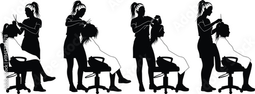 Hairdresser cutting and styling woman hair silhouette set, beauty salon hairstylist service concept, professional hair care, haircut styling process illustration