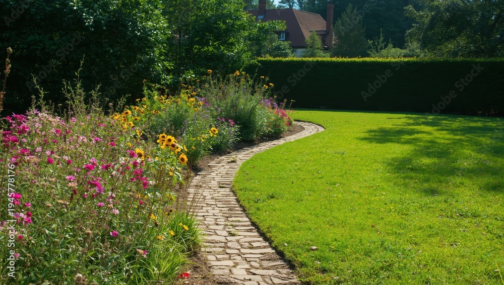 Fototapeta premium Flower beds and greenery in the summer garden beside the house