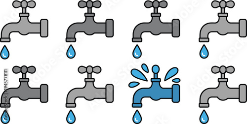 Collection of flat vector icons featuring water taps with dripping drops and a broken leaking faucet for plumbing service and repair, 19 words.Print