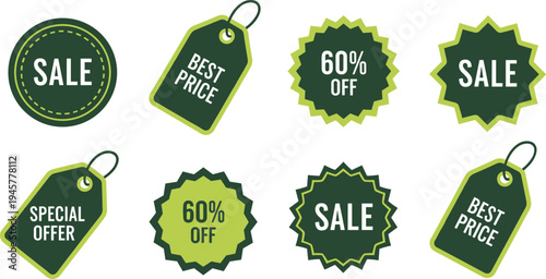 Sale labels, best price, discount tags, promotional stickers, special offer signs, 60% off, retail marketing, shopping deals, advertising icons