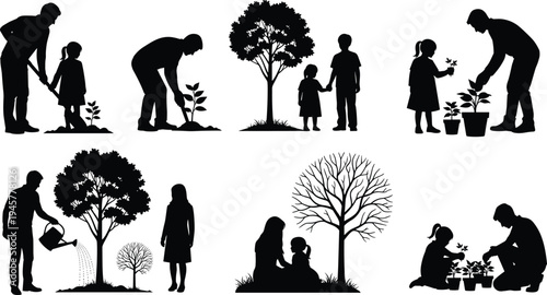 Family gardening silhouettes set showing parents and children planting trees, watering plants and caring for nature, environmental education and outdoor activity isolated on white background