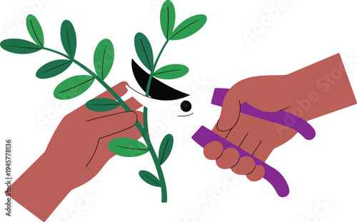 Minimalist illustration of hands pruning green leafy branch with purple-handled pruning shears in clean flat design against white background