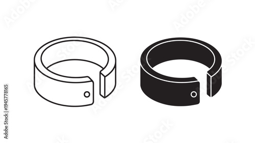 Ring clamp icon with a simple line drawing and a solid black filled silhouette style. featuring circle, symbol, tool with fastener and connection