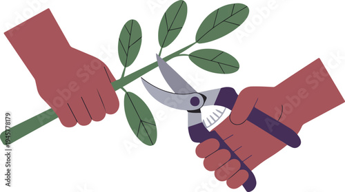 Minimalist illustration of hands pruning green leafy branch with purple-handled pruning shears in clean flat design against white background