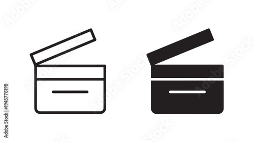 Clapperboard icon set with thin line and solid fill in black and white for film production and cinema industry