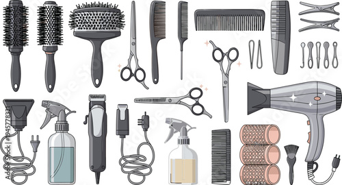 Professional hairdressing tools set including scissors combs brushes hair dryer clipper spray bottle and salon accessories vector illustration