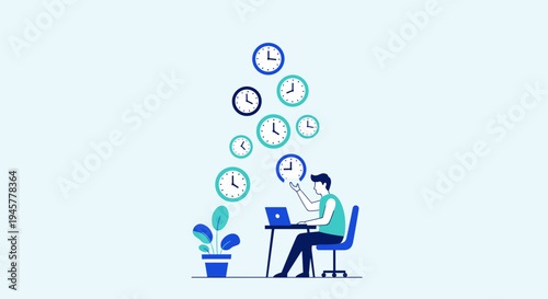 A man works on a laptop at a desk surrounded by multiple floating clocks and a plant.