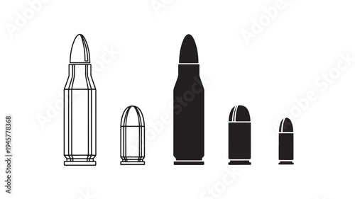 Bullets caliber comparison set with various sizes and styles in black and white vector graphics for design.