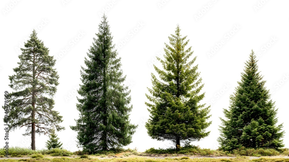 Fototapeta premium Four Evergreen Trees Standing Tall in a Row.
