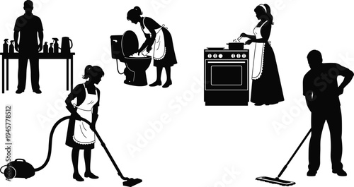 House cleaning service silhouettes, domestic workers housekeeping tasks, vacuuming cooking toilet cleaning mopping sanitation, professional home maintenance and household chores concept