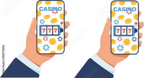 Mobile casino slot machine game illustration with hands holding smartphones showing jackpot 777 symbols in flat design