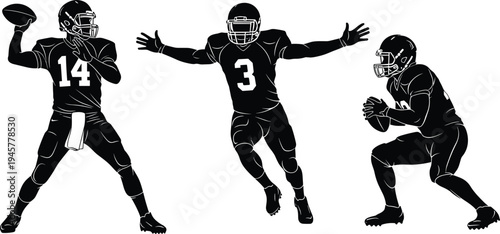 American football player silhouettes set, quarterback throwing ball, athlete running in uniform, sports action poses, flat vector illustration isolated on white background