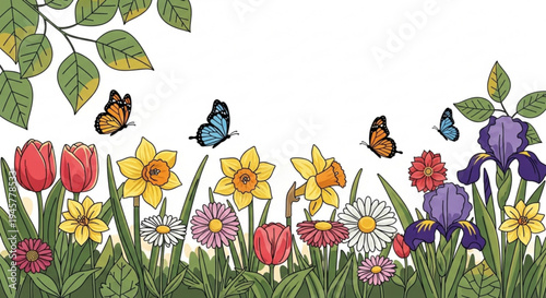 Vibrant spring flowers with butterflies flying in a lush green garden with colorful blooms and leaves on a white background