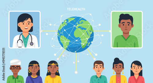 A global telehealth network connects a female doctor, a male patient, and diverse individuals.