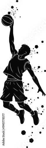 Basketball player silhouette performing slam dunk with abstract splatter effect, professional athlete jumping for hoop, flat vector illustration for sports competition, game