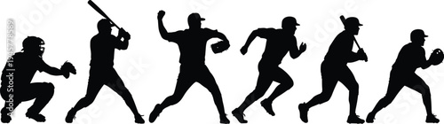 Baseball player silhouette set with professional athletes in action, pitcher, batter, catcher, runner poses, flat vector illustration for sports competition, game, team tournament