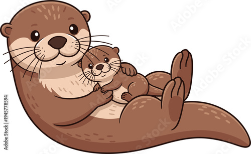 Cute sea otter mother floating with baby cartoon illustration, adorable marine animal family love concept for wildlife, nursery and kids design