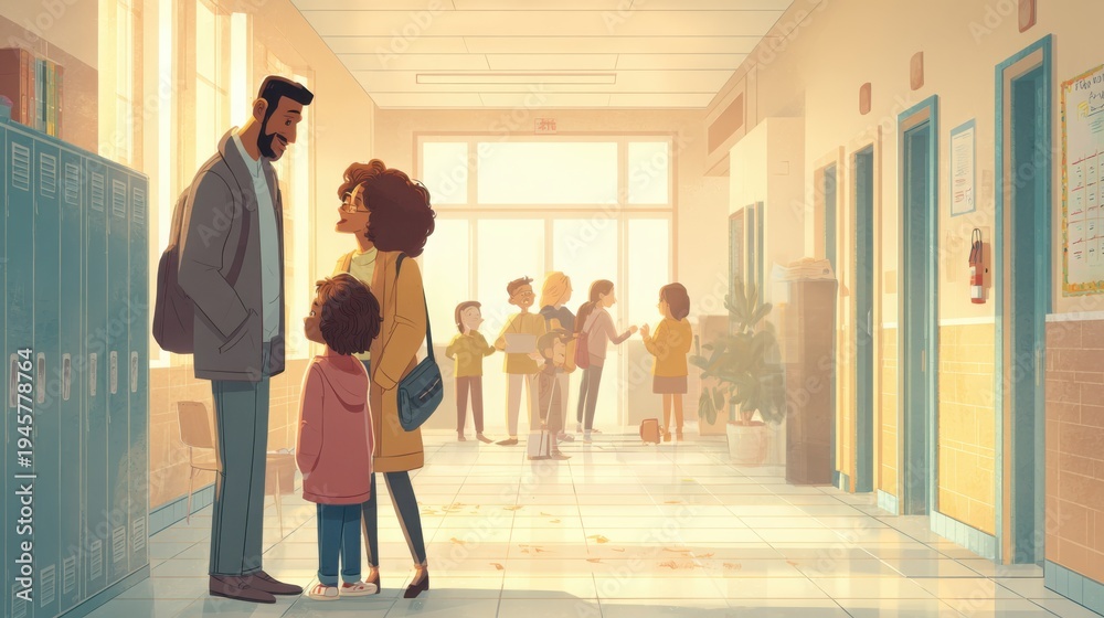 Fototapeta premium Emotional Family Interaction in School Corridor with Children Present