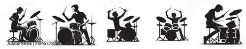 vector of young man playing drums in silhouette style