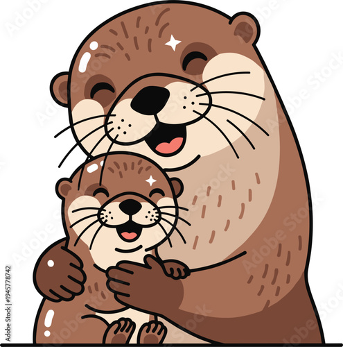 Cute otter parent hugging baby cartoon illustration, adorable sea otter family love concept for wildlife, parenting, nursery and kids design