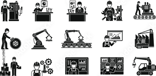 Industrial worker icons set, factory engineers mechanics robotics assembly line manufacturing production industry vector illustration collection