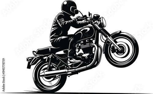 Motorcycle rider silhouette performing wheelie on classic motorbike, professional biker with helmet in action stunt, flat vector illustration for transport, speed, hobby