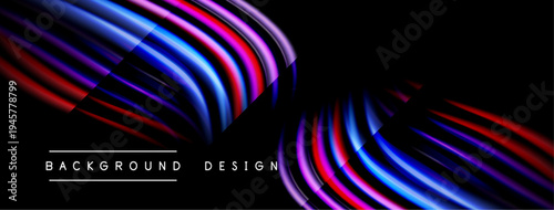 Abstract design features vibrant curves, flowing shapes. Dark background emphasizes bright neon colors, creating dynamic visual effect.