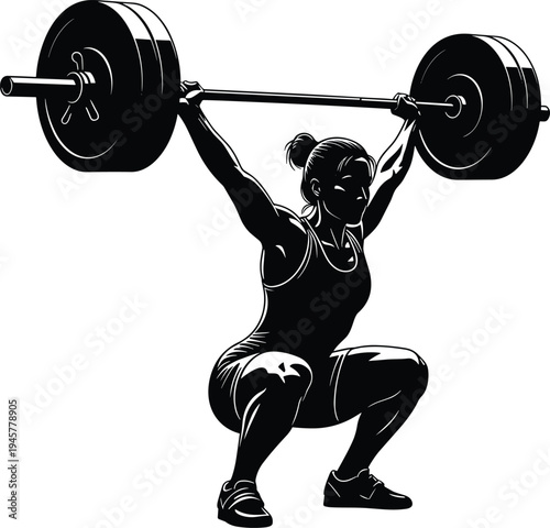 Strong female weightlifter silhouette performing overhead barbell squat, professional athlete weightlifting in gym, flat vector illustration for fitness competition, training, powerlifting, exercise