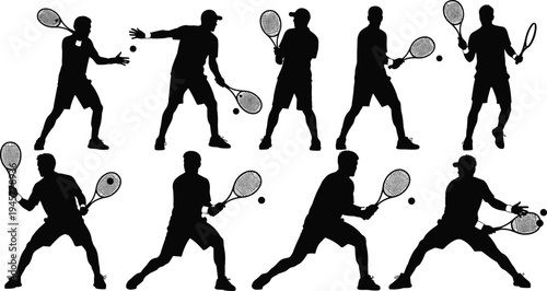 Tennis player silhouettes set, professional athletes hitting ball, serving, backhand, forehand, racquet sport action, flat vector illustration collection isolated on white background