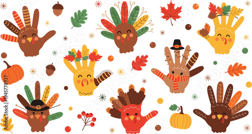 Cute Thanksgiving turkey handprint characters with autumn leaves, pumpkins and acorns, festive fall holiday kids craft style vector illustration set