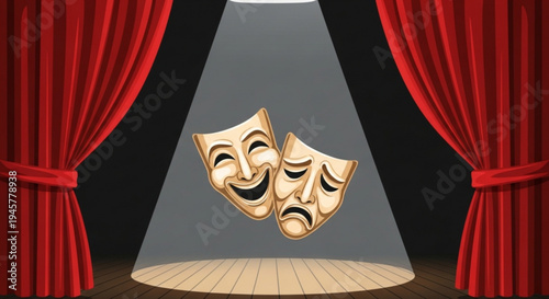 Theatrical comedy and tragedy masks on stage with red curtains and spotlight
