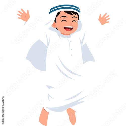 A joyful boy wearing a traditional outfit jumping up happily outdoors