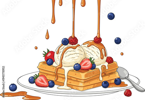 Stack of waffles with vanilla ice cream, fresh berries and caramel syrup dripping sweet dessert vector illustration