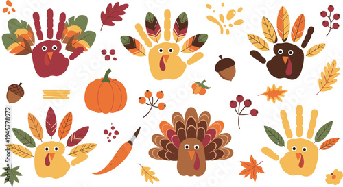 Cute Thanksgiving turkey handprint characters with pumpkins, autumn leaves, berries and acorns, playful fall harvest holiday vector illustration collection