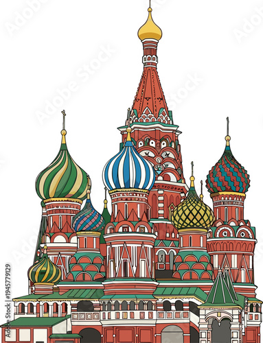 Saint Basil’s Cathedral Moscow vector illustration, colorful Russian Orthodox church with onion domes, iconic Red Square landmark architecture travel design