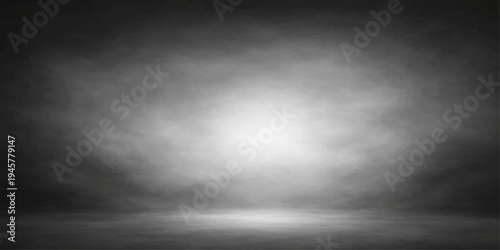 A dark grunge metal texture backdrop features a gray surface with old pattern details under a black stormy sky filled with light fog and smoke clouds