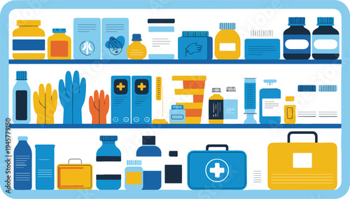 Pharmacy shelves with medicine bottles pills first aid kit and medical supplies flat vector illustration isolated on white background
